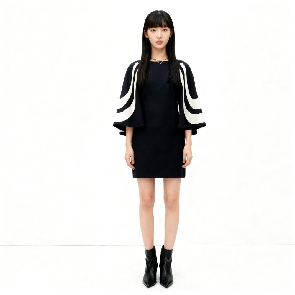 Trina Turk HiJinx Bell Sleeve Mini Shift Dress Size 2 Black White Wool Blend